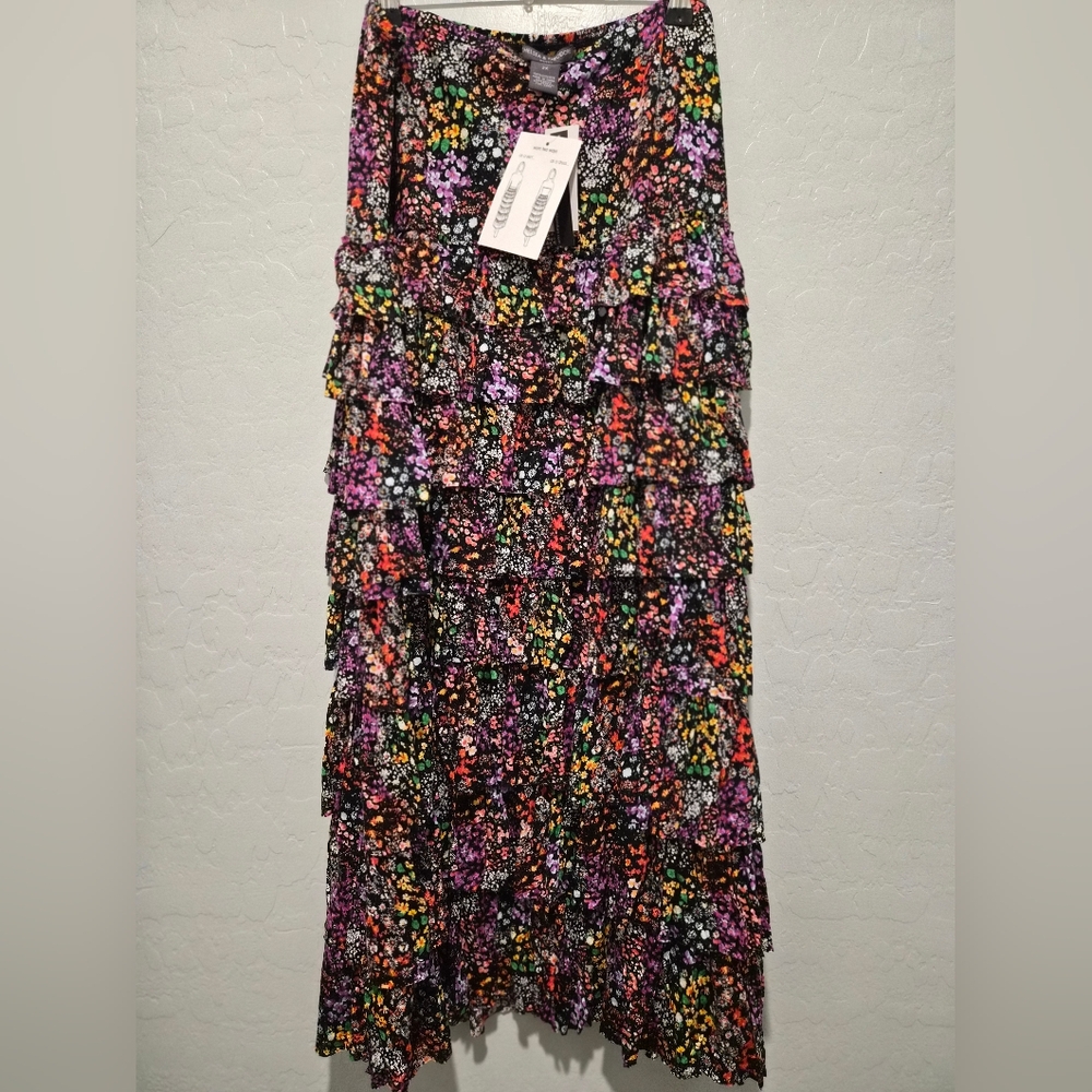 Chelsea & Theodore Black Tiered Maxi Skirt with Multicolor Floral Print